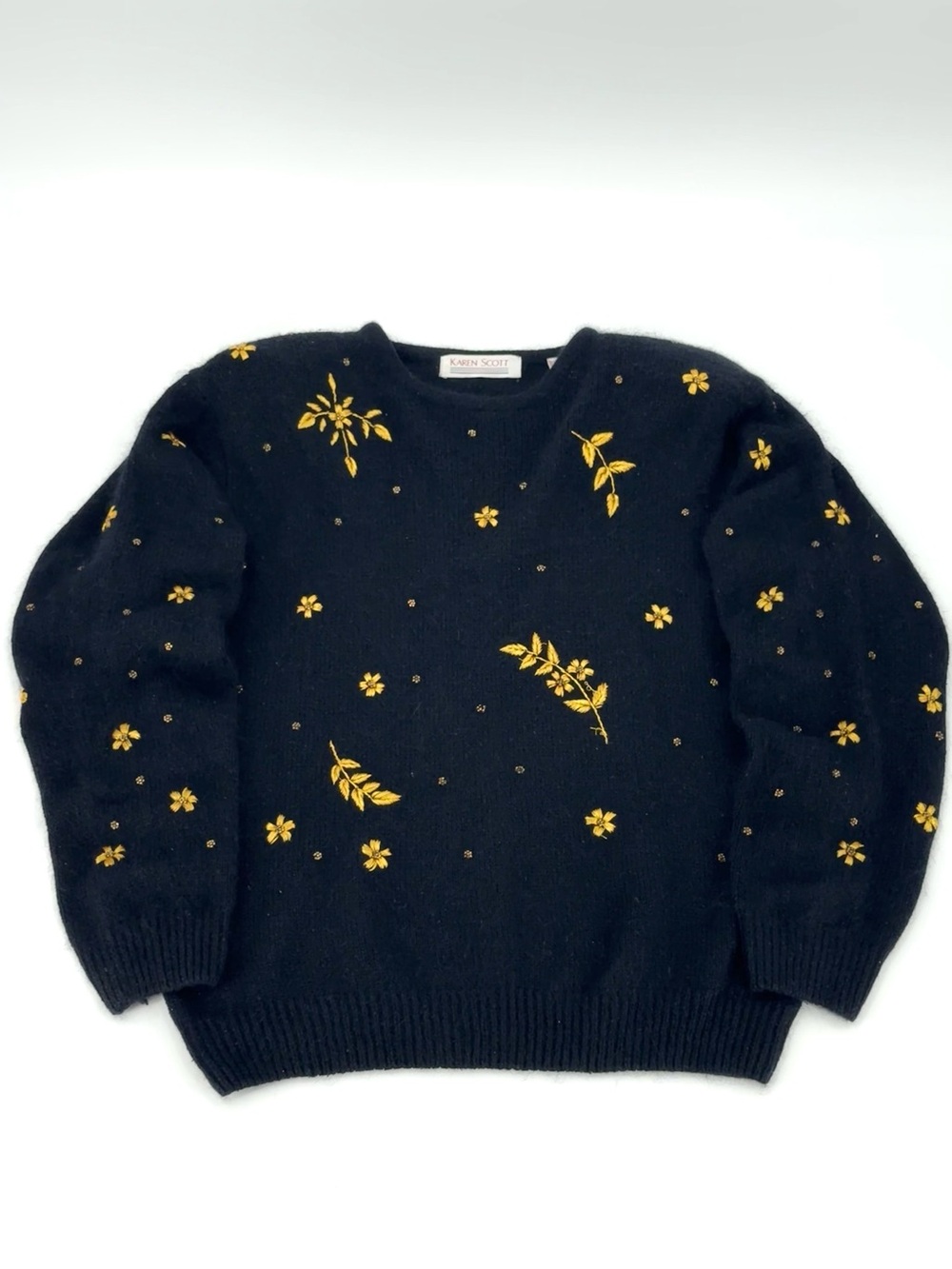 90’s VTG Karen Scoot Silk/Wool Gold Beaded Floral Embroidered Sweater